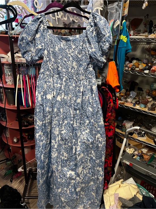 Simply Southern Dresses & Skirts - Blue and White Off Shoulder Floral Puff Sleeve Maxi Dress